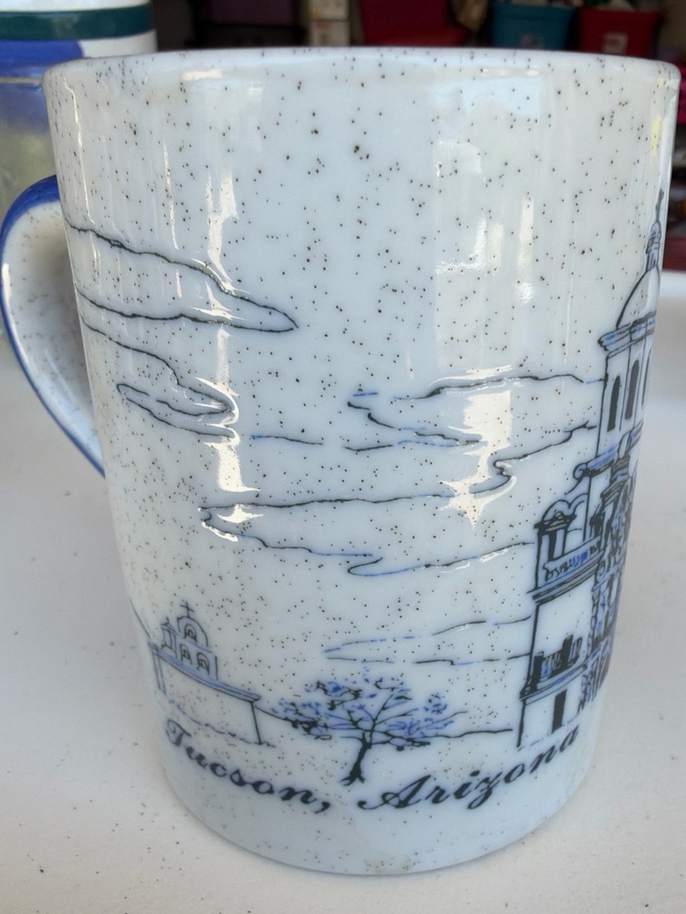 Arizona Souvenir Coffee Mug Blue Speckled Tucson Landmarks Blue Handle Ceramic